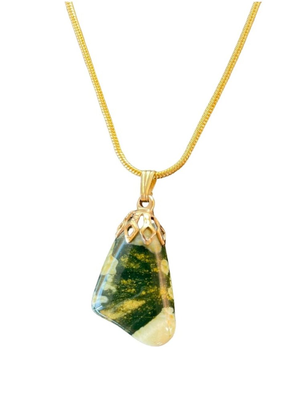 Moss Agate Pendant Necklace 16in Gold Tone Chain Natural Stone Boho Jewelry